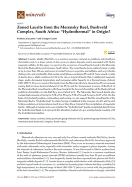 Zoned Laurite from the Merensky Reef, Bushveld Complex, South Africa: “Hydrothermal” in Origin?