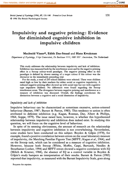 Impulsivity and Negative Priming: Evidence for Diminished Cognitive Inhibition in Im Pulsi Ve Children