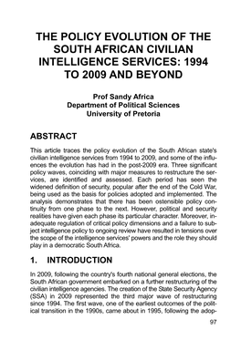 The Policy Evolution of the South African Civilian Intelligence Services: 1994 to 2009 and Beyond