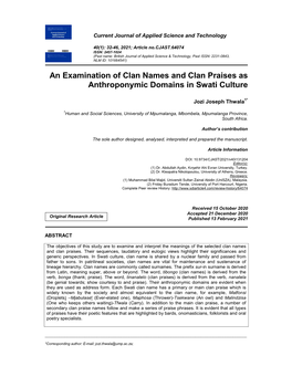 An Examination of Clan Names and Clan Praises As Anthroponymic Domains in Swati Culture