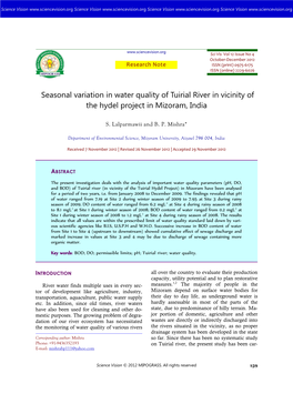Seasonal Variation in Water Quality of Tuirial River in Vicinity of the Hydel Project in Mizoram, India