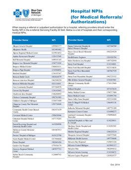 Hospital Npis for Medical Referrals and Authorizations