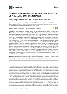 Inadequacy of Immune Health Nutrients: Intakes in US Adults, the 2005–2016 NHANES