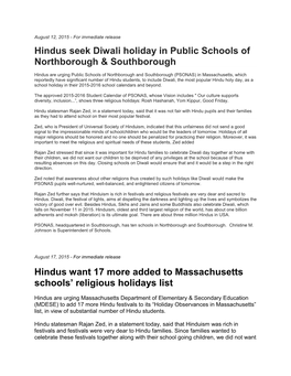 Hindus Seek Diwali Holiday in Public Schools of Northborough & Southborough