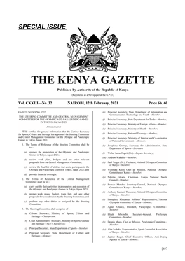 THE KENYA GAZETTE Published by Authority of the Republic of Kenya (Registered As a Newspaper at the G.P.O.)