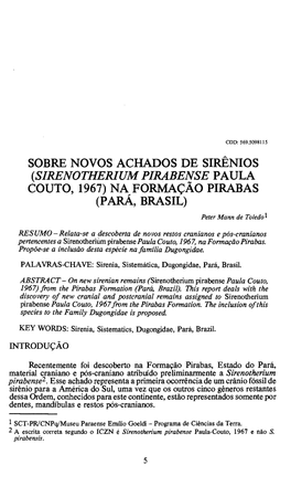(SIRENOTHERIUM Plrabense PAULA COUTO, 1967) NA FORMAÇÃO PIRABAS (PARÁ, BRASIL) Peter Mann De Toledo 1