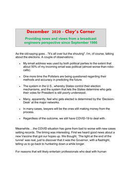 December 2020 - Clay’S Corner Providing News and Views from a Broadcast Engineers Perspective Since September 1986