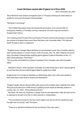 Coach Mcclaren Sacked After England out of Euro 2008 09:27, November 23, 2007