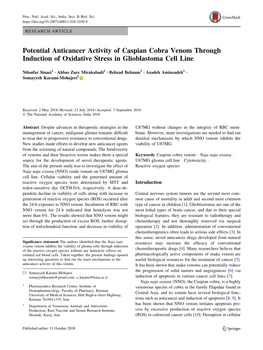 Potential Anticancer Activity of Caspian Cobra Venom Through Induction of Oxidative Stress in Glioblastoma Cell Line