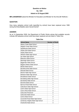 Question on Notice No. 1201 Asked on 23 August 2005 MR LANGBROEK Asked the Minister for Education and Minister for the Arts (M