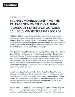 MICHAEL MONROE CONFIRMS the RELEASE of NEW STUDIO ALBUM, ‘BLACKOUT STATES’, for OCTOBER 16Th 2015 VIA SPINEFARM RECORDS