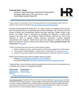 Nepal Earthquake- Glide EQ-2015-000048-NPL Publication Date: May 2, 2015 (End of Day - Local) Social Media Situation Report #8