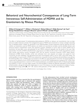 Behavioral and Neurochemical Consequences of Long-Term Intravenous Self-Administration of MDMA and Its Enantiomers by Rhesus Monkeys