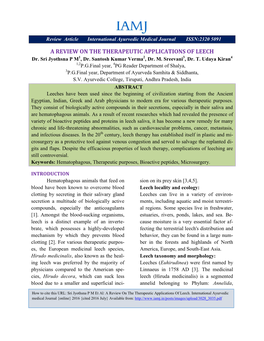 Sri Jyothsna P M Et Al: a Review on the Therapeutic Applications of Leech