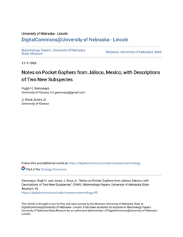 Notes on Pocket Gophers from Jalisco, Mexico, with Descriptions of Two New Subspecies