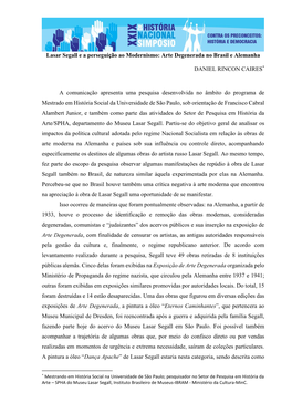 Lasar Segall E a Perseguição Ao Modernismo: Arte Degenerada No Brasil E Alemanha