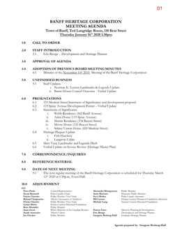 Banff Heritage Corporation Meeting Agenda for January 16 2020