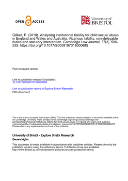 (2018). Analysing Institutional Liability for Child Sexual Abuse in England