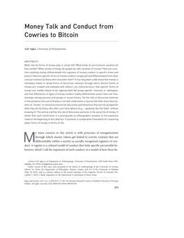 Money Talk and Conduct from Cowries to Bitcoin