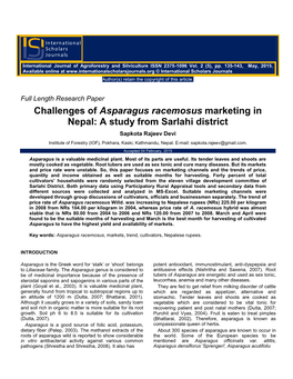 Challenges of Asparagus Racemosus Marketing in Nepal: a Study from Sarlahi District