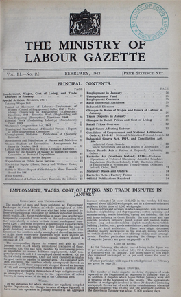 Vol. LL—No. 2.J FEBRUARY, 1943. PRINCIPAL CONTENTS. EMPLOYMENT, WAGES, COST of LIVING, and TRADE DISPUTES in JANUARY