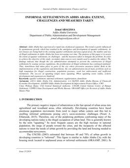 Informal Settlements in Addis Ababa: Extent, Challenges and Measures Taken