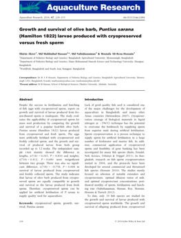 Growth and Survival of Olive Barb, Puntius Sarana (Hamilton 1822) Larvae Produced with Cryopreserved Versus Fresh Sperm