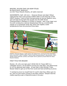 BRAZIER, WILSON TAKE USA 800M TITLES by David Monti, @D9monti (C) 2017 Race Results Weekly, All Rights Reserved