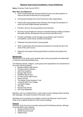 Waveney Youth Council Constitution / Terms of Reference
