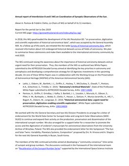 Annual Report of Interdivision B and E WG on Coordination of Synoptic Observations of the Sun