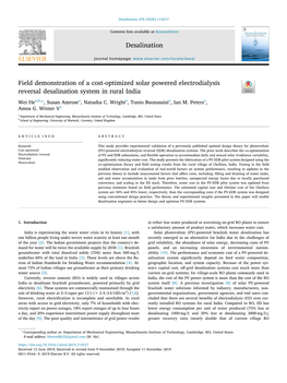 Field Demonstration of a Cost-Optimized Solar Powered Electrodialysis T Reversal Desalination System in Rural India Wei Hea,B,*, Susan Amrosea, Natasha C