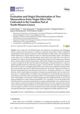 Evaluation and Origin Discrimination of Two Monocultivar Extra Virgin Olive Oils, Cultivated in the Coastline Part of North-Western Greece