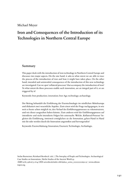 Iron and Consequences of the Introduction of Its Technologies in Northern Central Europe