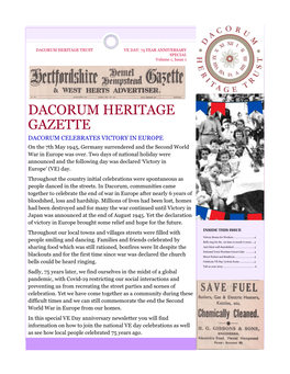 DACORUM HERITAGE GAZETTE DACORUM CELEBRATES VICTORY in EUROPE on the 7Th May 1945, Germany Surrendered and the Second World War in Europe Was Over