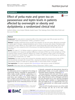 Effect of Yerba Mate and Green Tea on Paraoxonase and Leptin Levels In