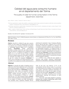 Calidad Del Agua Para Consumo Humano En El Departamento Del Tolima