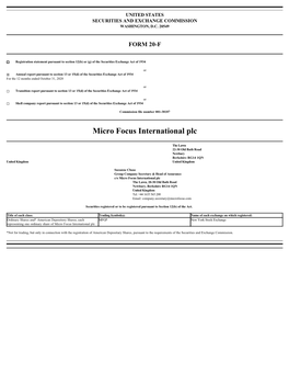 Report Pursuant to Section 13 Or 15(D) of the Securities Exchange Act of 1934 for the 12 Months Ended October 31, 2020