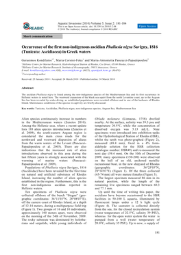 Occurrence of the First Non-Indigenous Ascidian Phallusia Nigra Savigny, 1816 (Tunicata: Ascidiacea) in Greek Waters