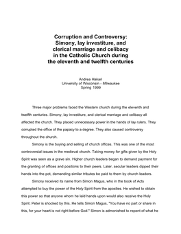 Simony, Lay Investiture, and Clerical Marriage and Celibacy in the Catholic Church During the Eleventh and Twelfth Centuries