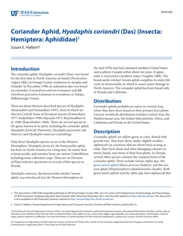 Coriander Aphid, Hyadaphis Coriandri (Das) (Insecta: Hemiptera: Aphididae)1 Susan E