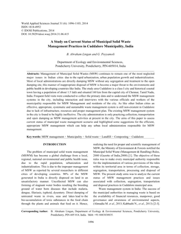 A Study on Current Status of Municipal Solid Waste Management Practices in Cuddalore Municipality, India