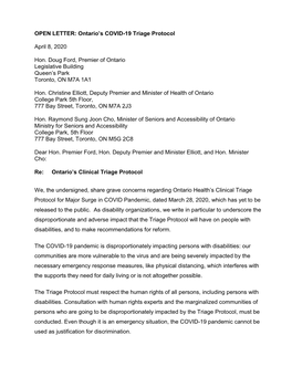 Open Letter: Ontario's COVID-19 Triage Protocol