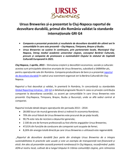 Ursus Breweries Și-A Prezentat La Cluj-Napoca Raportul De Dezvoltare Durabilă, Primul Din România Validat La Standarde Internaționale GRI G4