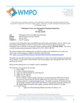 Wilmington Urban Area MPO Board Members FROM: Mike Kozlosky, Executive Director DATE: July 23, 2020 SUBJECT: July 29Th Meeting