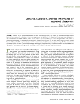 Lamarck, Evolution, and the Inheritance of Acquired Characters