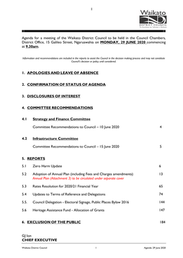 Agenda for a Meeting of the Waikato District Council to Be Held in The