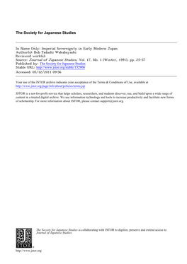 In Name Only: Imperial Sovereignty in Early Modern Japan Author(S): Bob Tadashi Wakabayashi Reviewed Work(S): Source: Journal of Japanese Studies, Vol