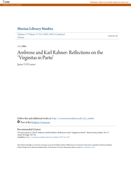 Ambrose and Karl Rahner: Reflections on the "Virginitas in Partu" James T
