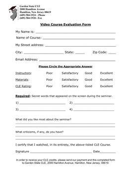 Video Course Evaluation Form My Name Is