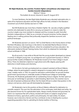 Mr Elijah Mudenda, the Scientist, Freedom Fighter and Politician Who Helped Steer Zambia Towards Independence Walima T. Kalusa T